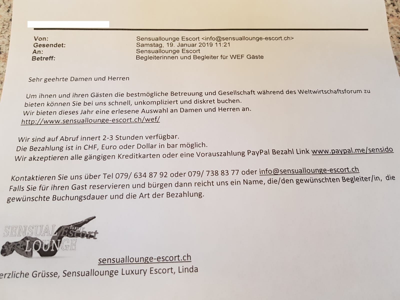 Davoser Hotels erhalten in diesen Tagen Werbung für die Escort-Dienste von «Sensuallounge Luxury Escort».