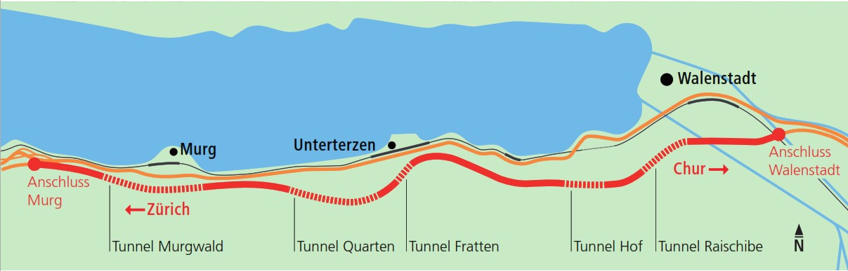 Die Autobahn A3 wird zwischen den Anschlüssen Murg und Walenstadt instand gesetzt (rot). ASTRA