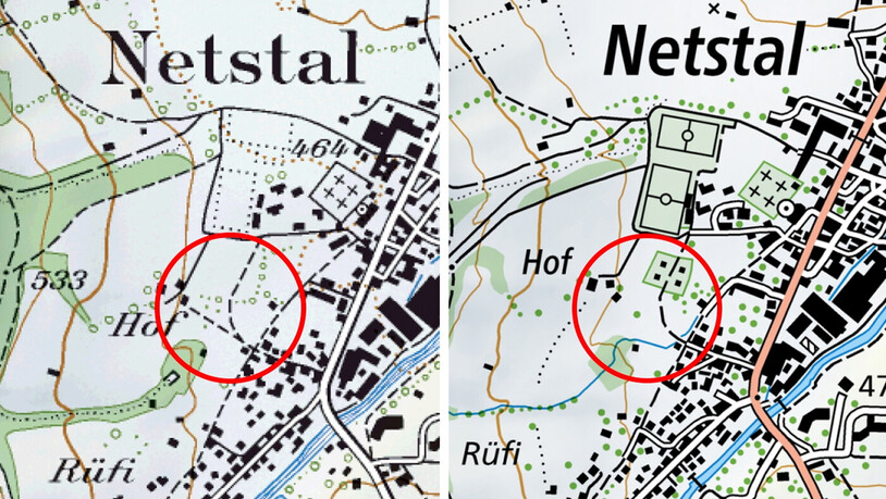 Auf der Landeskarte existiert der Weg seit über 20 Jahren nicht mehr: Eine Zeitreise anhand der digitalen Kartensammlung des Bundesamts für Topografie (Swisstopo) zeigt, dass der Wiesenfussweg von der Gässli-Strasse zur Liegenschaft Hof in Netstal nach 2001 verschwunden ist.  