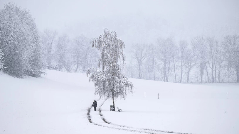 Eine Frau ist am Samstagmorgen durch die Schneelandschaft in Uetendorf BE spaziert.
