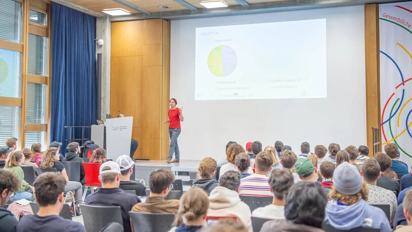 Politische Einführung: Niculin Detreköy, Teamleiter Kampagnen und politische Bildung von «engage.ch» (auf der Bühne), erklärt jungen Erwachsenen das Wahlsystem. Politische Einführung: Niculin Detreköy, Teamleiter Kampagnen und politische Bildung von «engage.ch» (auf der Bühne), erklärt jungen Erwachsenen das Wahlsystem.