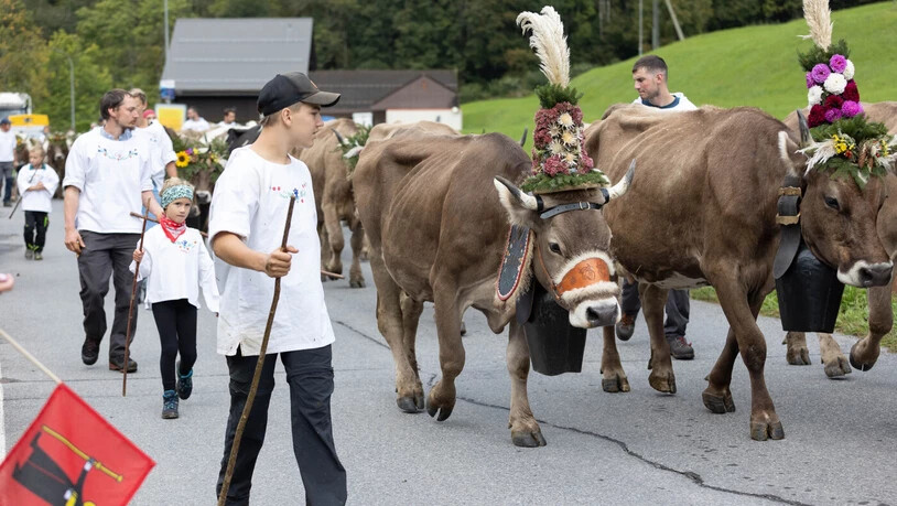 Die Sennte Unterlängenegg beim Alpabzug 2024 im Klöntal.