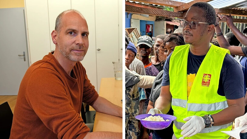 Für die Bevölkerung engagiert: Ishmael Charles verteilt für Caritas Freetown in den Strassen der Hauptstadt von Sierra Leone Essen für Bedürftige. Philipp Langlotz (links) aus Glarus hat über drei Jahre lang in Sierra Leone gearbeitet. Für die Bevölkerung engagiert: Ishmael Charles verteilt für Caritas Freetown in den Strassen der Hauptstadt von Sierra Leone Essen für Bedürftige. Philipp Langlotz (links) aus Glarus hat über drei Jahre lang in Sierra Leone gearbeitet.
