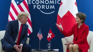 Streben Handelsabkommen an, aber einige Hürden bleiben bestehen: Bundespräsidentin Simonetta Sommaruga gemeinsam mit US-Präsident Donald Trump vor den Medien in Davos.