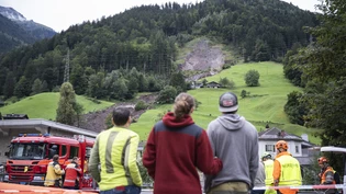 Der Rutsch bewegt: Menschen bestaunen die von Geröll- und Schlammmassen verdeckten Häuser in Schwanden. Der Rutsch bewegt: Menschen bestaunen die von Geröll- und Schlammmassen verdeckten Häuser in Schwanden.