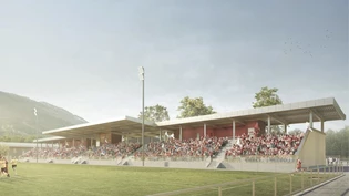 Siegerprojekt "EISBALL" der Firma HRS Real Estate für die Churer Sporanlagen.
Visualisierung HRS Real Estate Eisball Sportanlage
