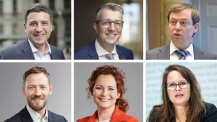 Für den Ständerat kandidieren der Bisherige Mathias Zopfi (Grüne, oben links), Benjamin Mühlemann (FDP) und Peter Rothlin (SVP). Für den Nationalrat steigen Markus Schnyder (SVP, unten links), Sabine Steinmann (SP) und Andrea Trummer (Die Mitte) ins Rennen.