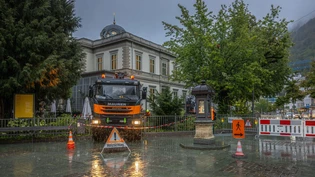 Arbeit im strömenden Regen: Am Montag waren die Tage für den Silberahorn (rechts im Bild) vor der Villa Planta gezählt.