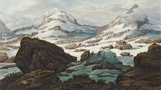Fürs Publikum geändert: In seiner Skizze von 1817 hatte Johann Ludwig Bleuler in der Quellgebiet-Szenerie des Medelserrheins die Silhouette von Pater Placidus a Spescha gezeigt – als er das Bild später im Atelier für die Publikation umsetzte, musste der Mönch zwei Gemsjägern weichen.