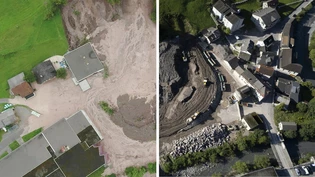August 2023 und August 2024: Die Schwander Sperrzone ist vom Katastrophengebiet zur Baustelle geworden. 