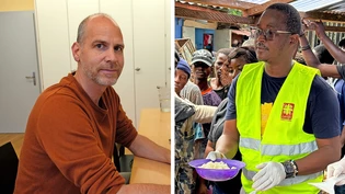 Für die Bevölkerung engagiert: Ishmael Charles verteilt für Caritas Freetown in den Strassen der Hauptstadt von Sierra Leone Essen für Bedürftige. Philipp Langlotz (links) aus Glarus hat über drei Jahre lang in Sierra Leone gearbeitet.