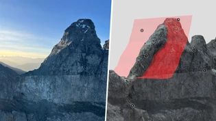 Das Grosse Tschingelhorn von der Glarner Seite aus: Die Gleitfläche des Absturzes ist im linken Bild von der Sonne beleuchtet; rechts das 3D-Modell.