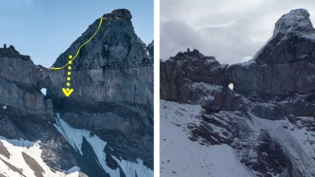 Der abgebrochene Bereich ist hier auf dem linken Bild gelb eingefärbt: Am Grossen Tschingelhorn, dem Grenzberg zwischen Glarus und Graubünden, hat es einen Felssturz gegeben. Das Martinsloch wurde beim Ausbruch knapp verfehlt.