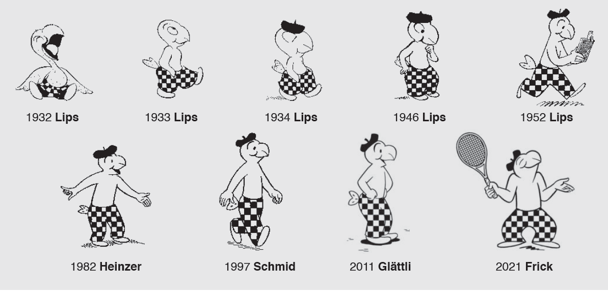 So hat sich Globi in den letzten Jahren verändert. Unten stehen die Namen der Illustratoren und Grafiker. 