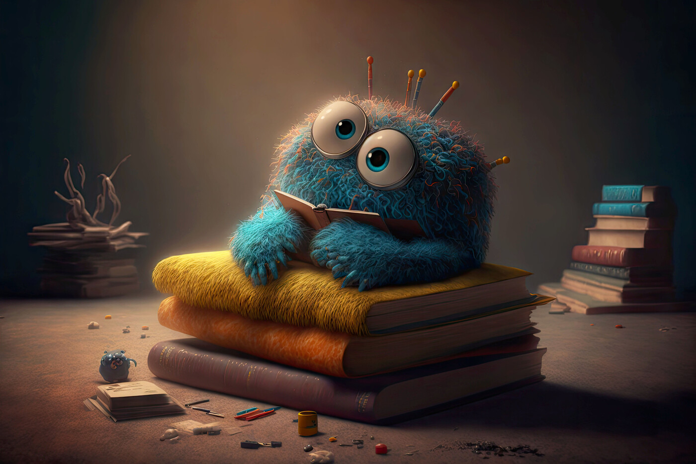 Sieht so ein Bücherfresser aus? KI-Kunst eines Büchermonsters.